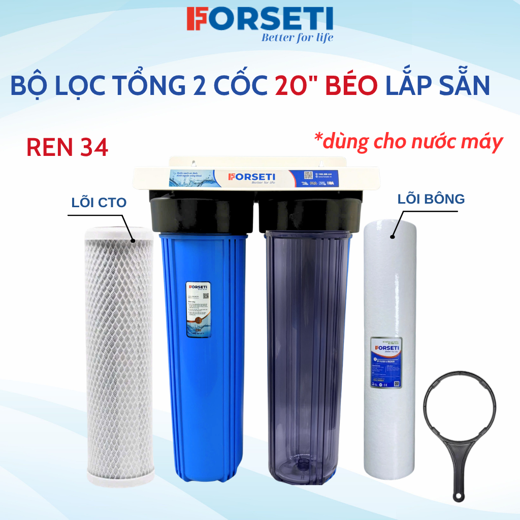 Bộ Lọc Tổng Đầu Nguồn FORSETI 2 Cốc Béo 20 Inch Kèm Giá, Gông Lăp Sẵn