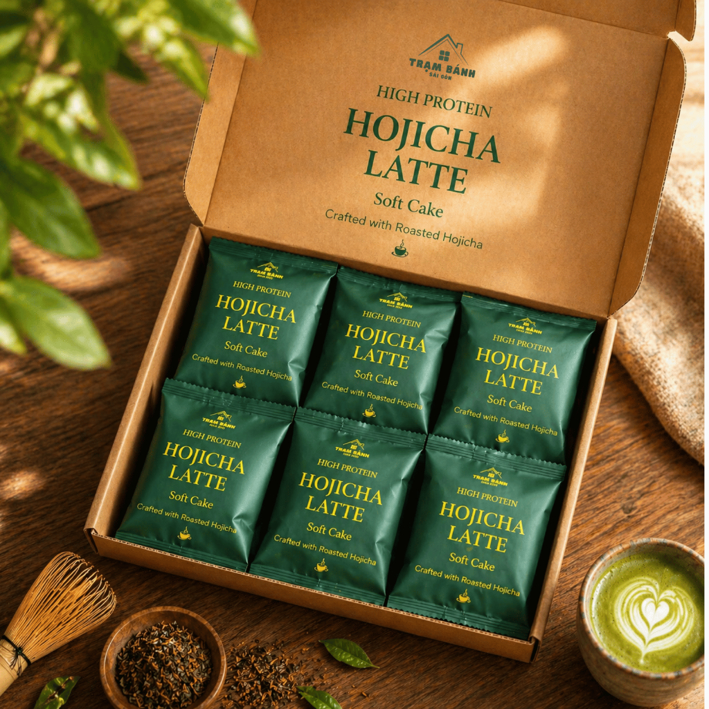 Bánh Protein Hojicha Latte – Nhẹ Vị Trà Rang, Mềm Thơm, Ít Ngọt