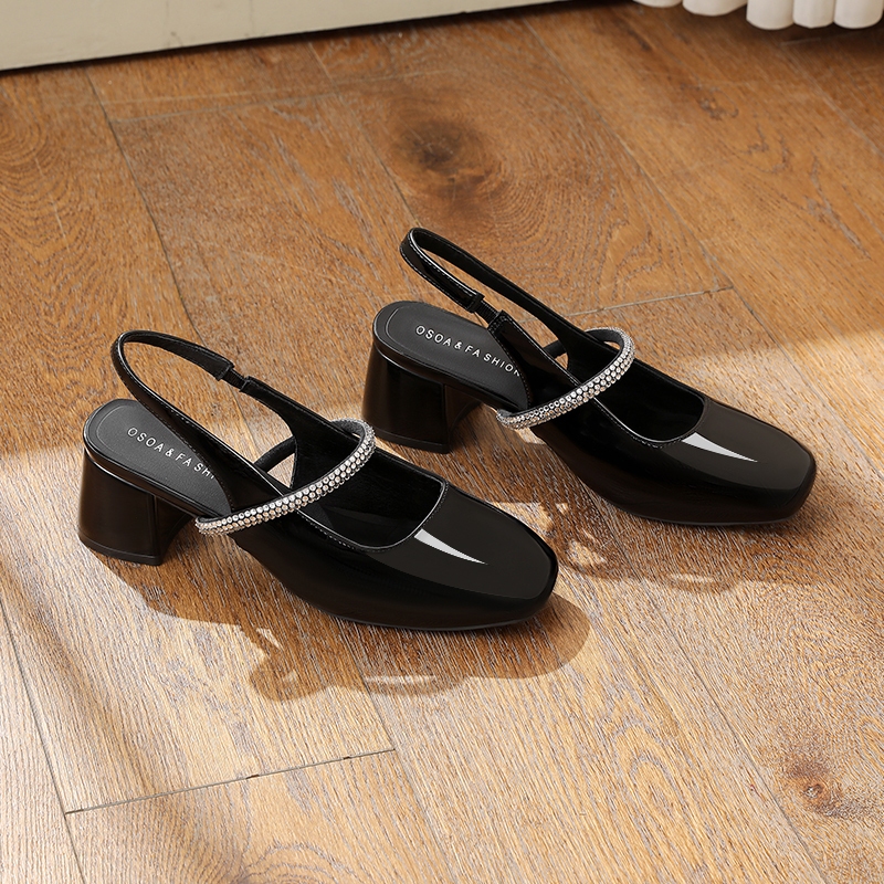 IKUNKA Sandal Cao Gót Nữ Bít Mũi Vuông, Quai Hậu Đính Đá, Giày Công Sở Làm Việc