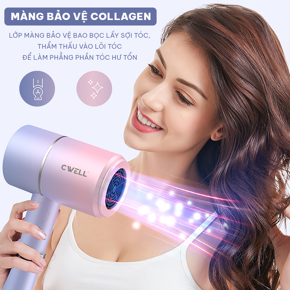 Máy Sấy Tóc Mini CWELL Gấp Gọn 2 Chiều Nóng Lạnh C01HD - Công Suất 1200W, Ánh Sáng Xanh Bảo Vệ Tóc