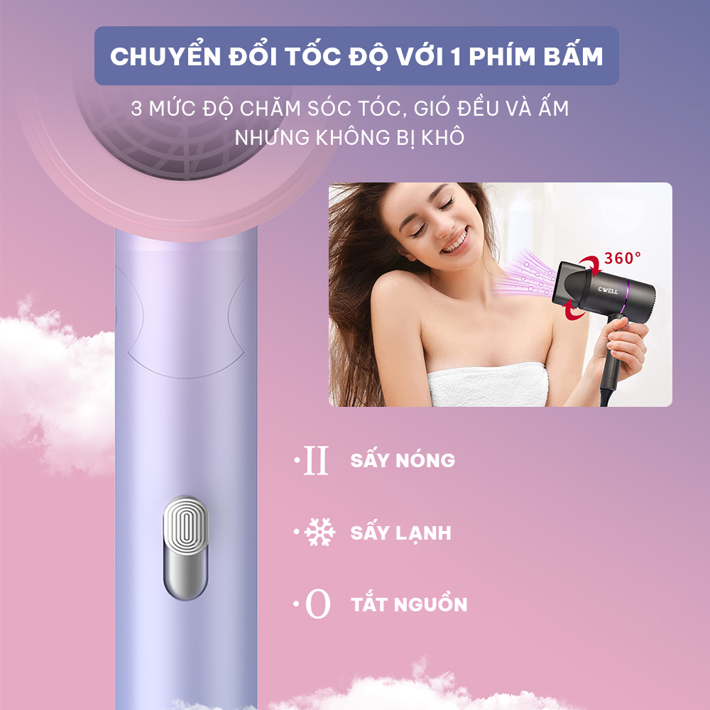 Máy Sấy Tóc Mini CWELL Gấp Gọn 2 Chiều Nóng Lạnh C01HD - Công Suất 1200W, Ánh Sáng Xanh Bảo Vệ Tóc