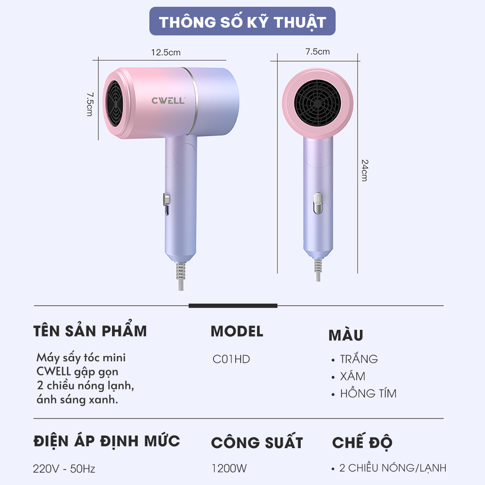Máy Sấy Tóc Mini CWELL Gấp Gọn 2 Chiều Nóng Lạnh C01HD - Công Suất 1200W, Ánh Sáng Xanh Bảo Vệ Tóc