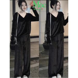 MK_ Set bộ mặc nhà, set nữ, đồ bộ đi chơi, set Nhung mềm đính đá tay dài lông mềm mịn giữ ấm