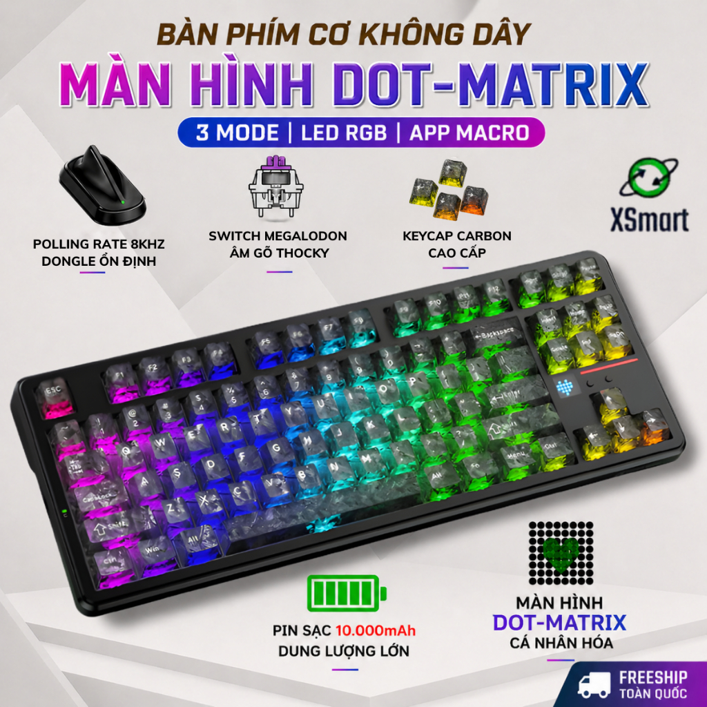 Bàn Phím Cơ Không Dây Attack Shark X87 Ultra Dongle 8KHz, Màn Hình Dot ...