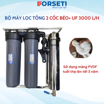 Bộ Máy Lọc Tổng Đầu Nguồn UF Bao Gồm 2 Lõi Béo, Màng UF 3000 L/H Lõi 2 CTO Than Nén Dùng Lọc Sinh Hoạt (Treo Tường)