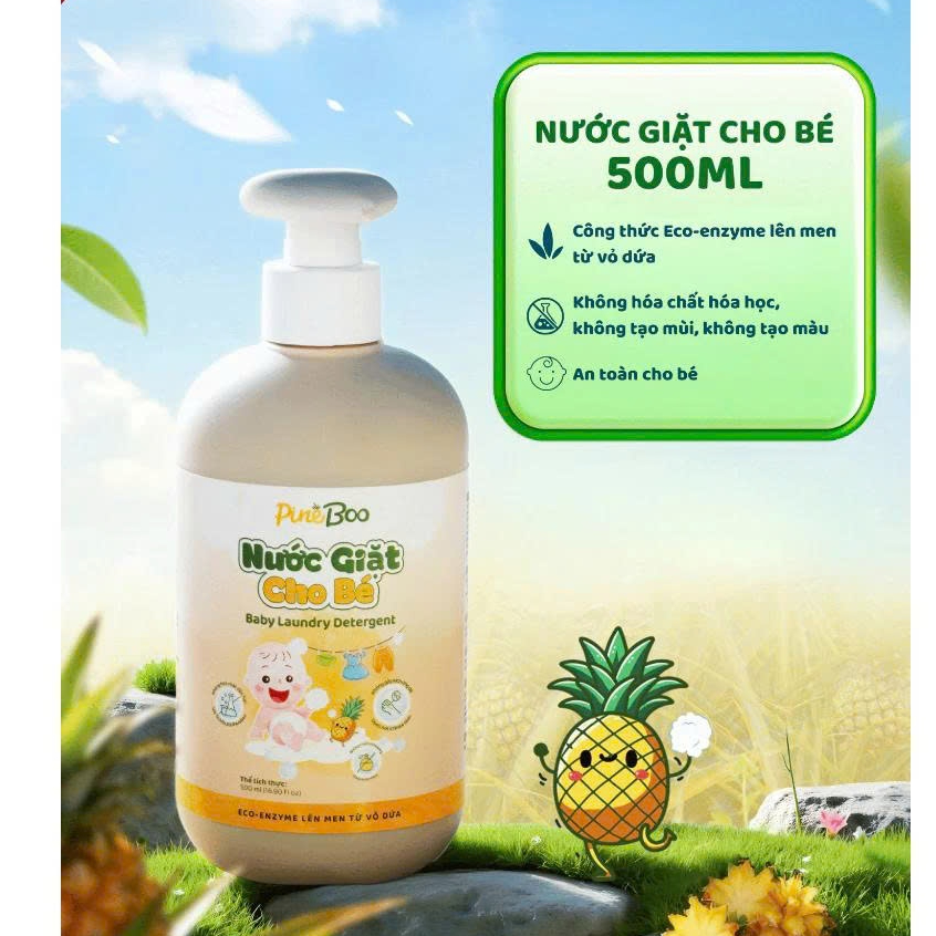 Nước giặt đồ cho bé PineBoo an toàn không hóa chất - Dịu nhẹ cho da bé, không gây khô hay kích ứng 500ml
