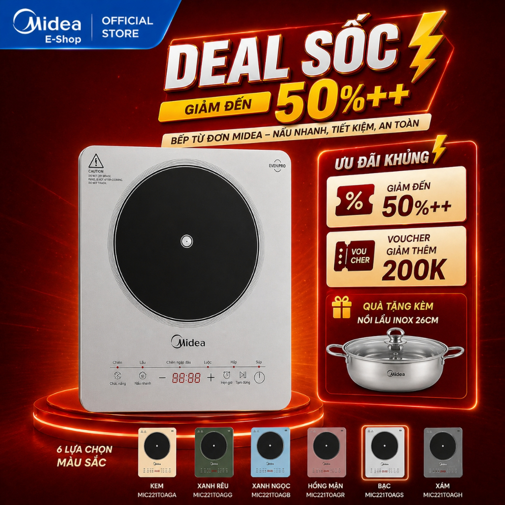 Bếp Từ Đơn Midea MIC221T0AG 2200W Gia Nhiệt Nhanh Hẹn Giờ Nấu Mặt Kính Chịu Nhiệt