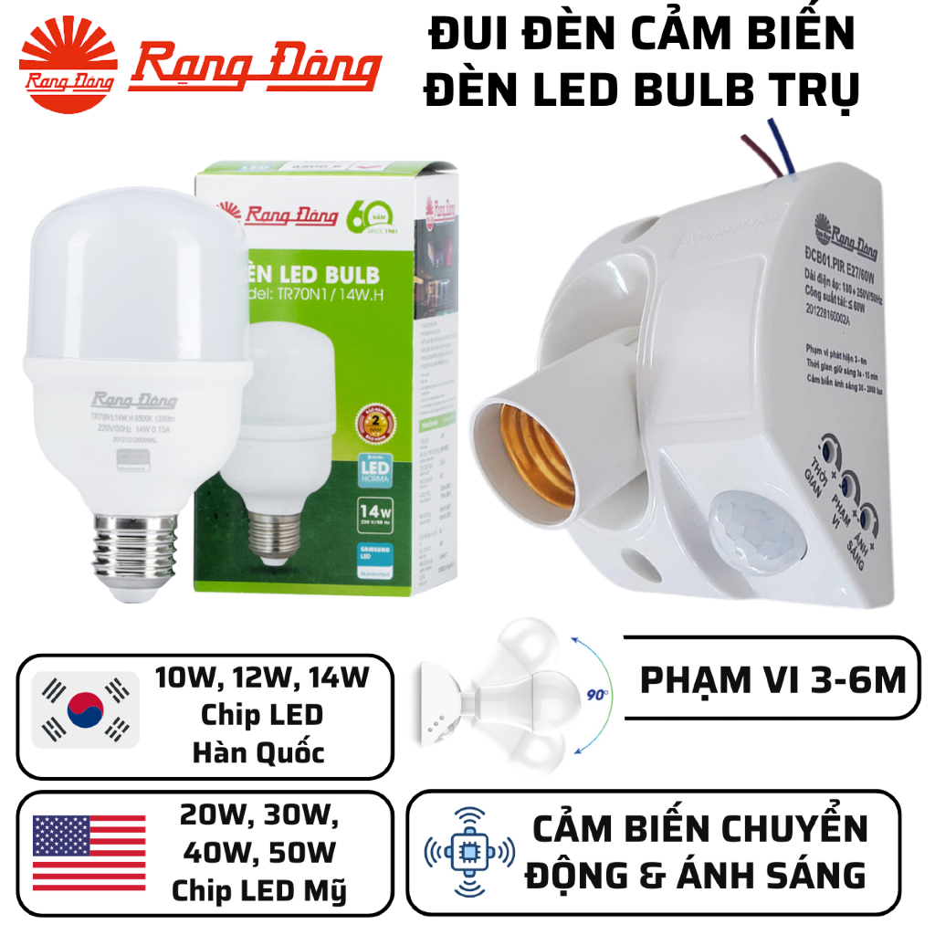 Đui đèn cảm biến & Bóng đèn Led Bulb trụ 10W, 12W, 14W, 20W, 30W, 40W, 50W 6500K, 3000K Rạng Đông