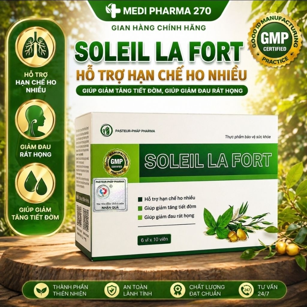 Viên uống giảm ho, đau rát họng, giảm tiết đờm [hộp 60 viên] -Soleil la fort - Pasteur- pháp Pharma