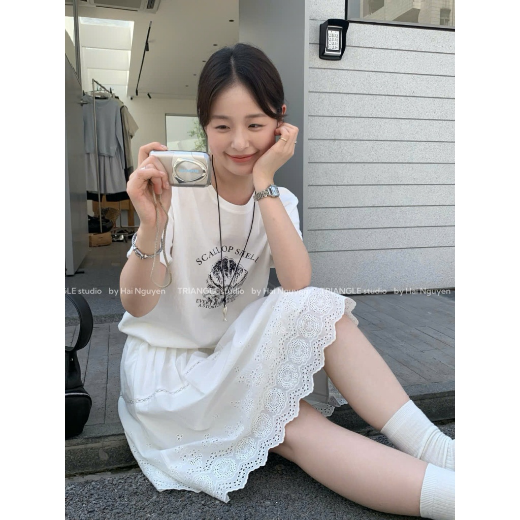 TRIANGLE - Coco Skirt (Cân nhắc kỹ, đồ trắng không hoàn) Chân váy dáng lửng cotton jacquard khoét rỗng style Hàn dễ mặc