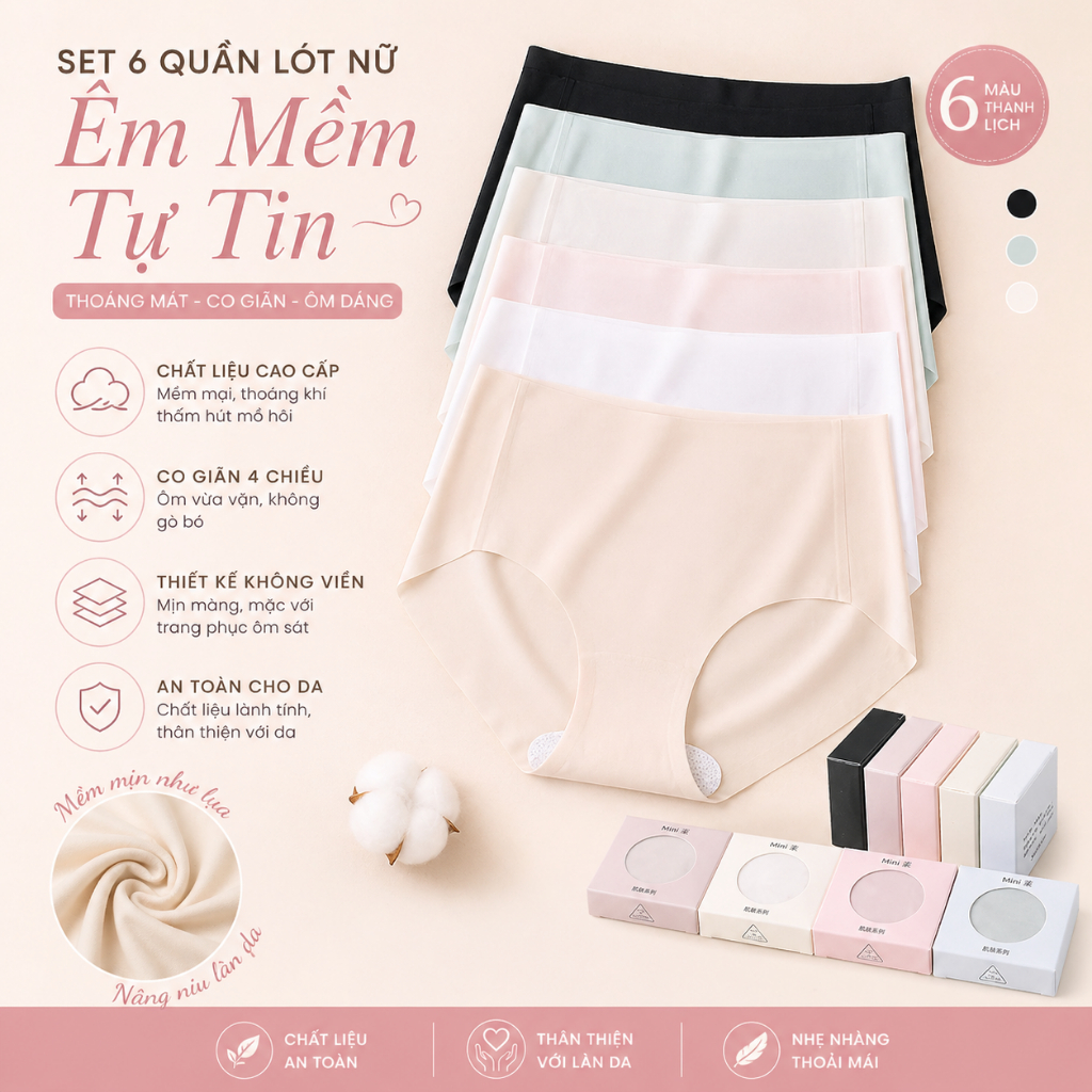 Combo 6 Quần Su Thạch Siêu Mỏng Không Viền Kháng Khuẩn Mềm Mại Siêu Co Dãn ELSA BRA  - 6135