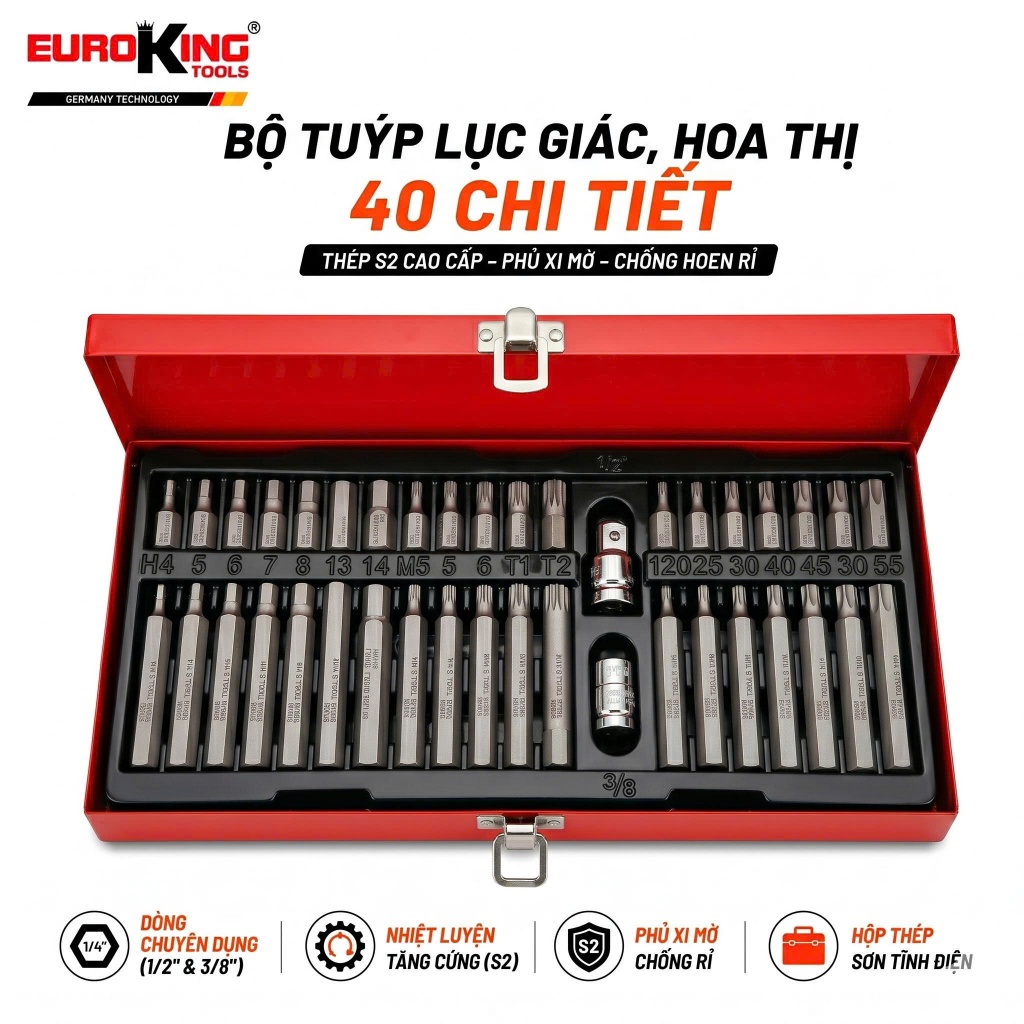 Bộ Tuýp Lục Giác & Hoa Thị 40 Chi Tiết EUROKING TOOLS – Thép S2 Nhiệt Luyện, Đầu Tuýp Ngắn & Dài