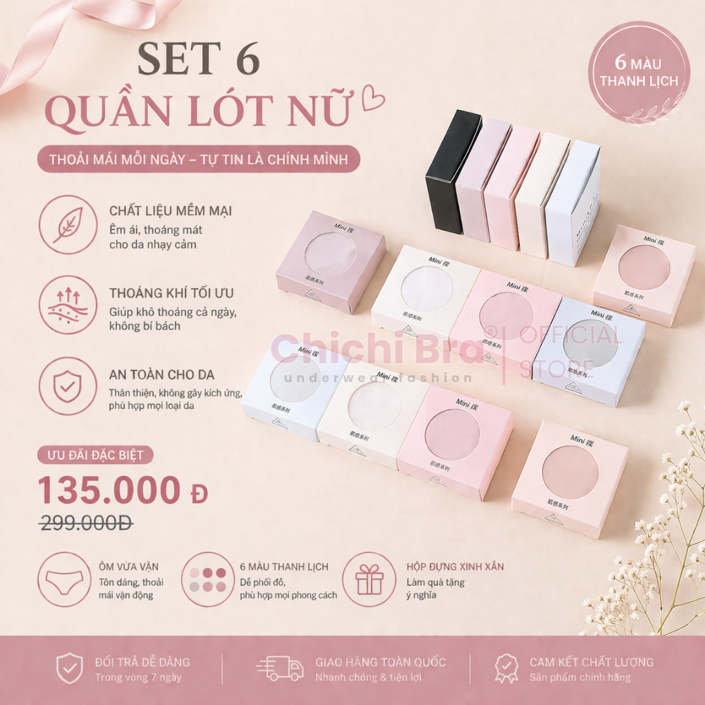 Set 6 quần lót nữ su thạch băng lụa kháng khuẩn tàng hình trong hộp mini không đường may cao cấp EvaBra 6135