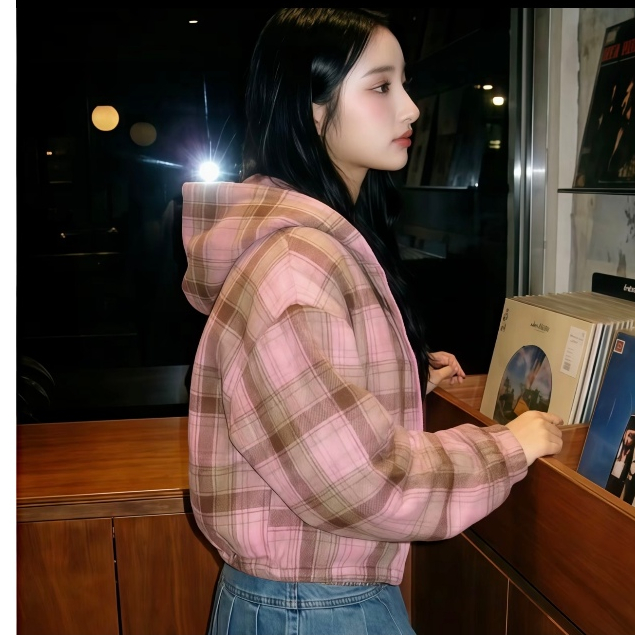 Áo khoác chống nắng có mũ trùm đầu bằng vải flannel cotton,tay dài,họa tiết kẻ caro,dáng rộng unisex