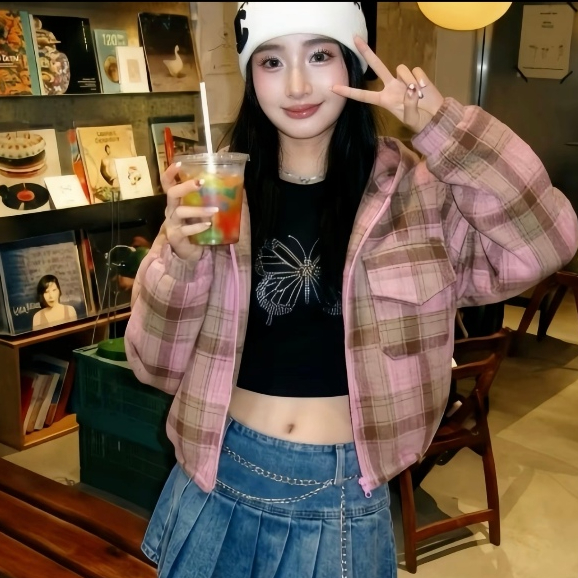 Áo khoác chống nắng có mũ trùm đầu bằng vải flannel cotton,tay dài,họa tiết kẻ caro,dáng rộng unisex