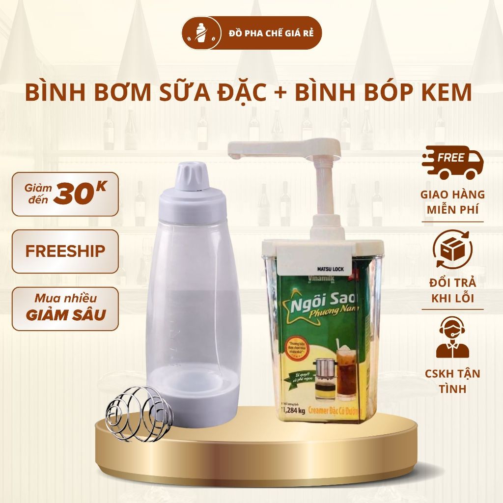 Combo 2 Món Bình Bơm Sữa Đặc Dung Tích 1.6L Vòi 10ml và Bình Bóp Lò Xo Đựng Kem Muối, Kem Cheese