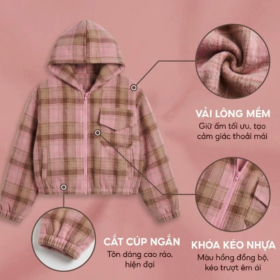 Áo khoác chống nắng có mũ trùm đầu bằng vải flannel cotton,tay dài,họa tiết kẻ caro,dáng rộng unisex