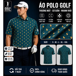 Áo golf Fj màu xanh cổ vịt phối hoạ tiết vải co dãn thấm hút mồ hoi chống nóng