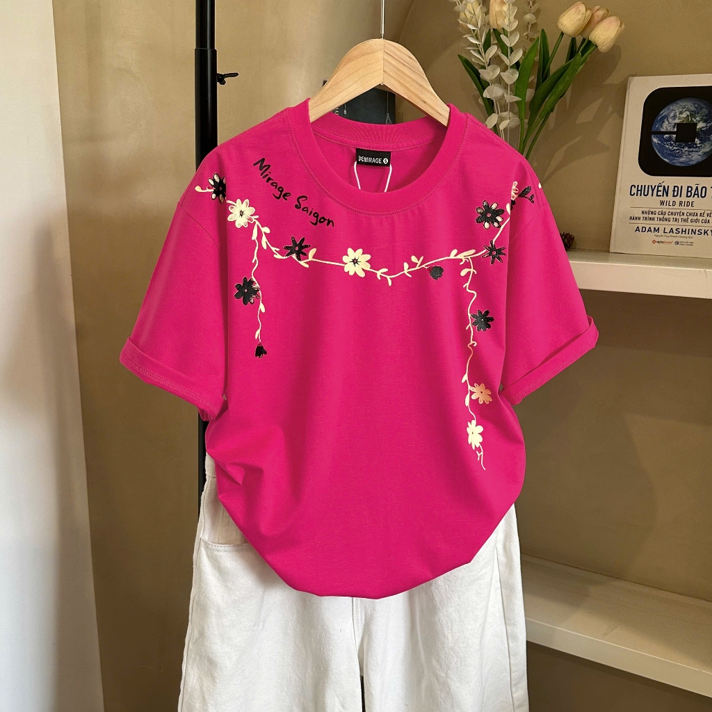 Áo Thun Phối Dây Viền Cổ Hồng Basic, Chất Cotton Thoáng Mát, Có Kèm Hình Thật.