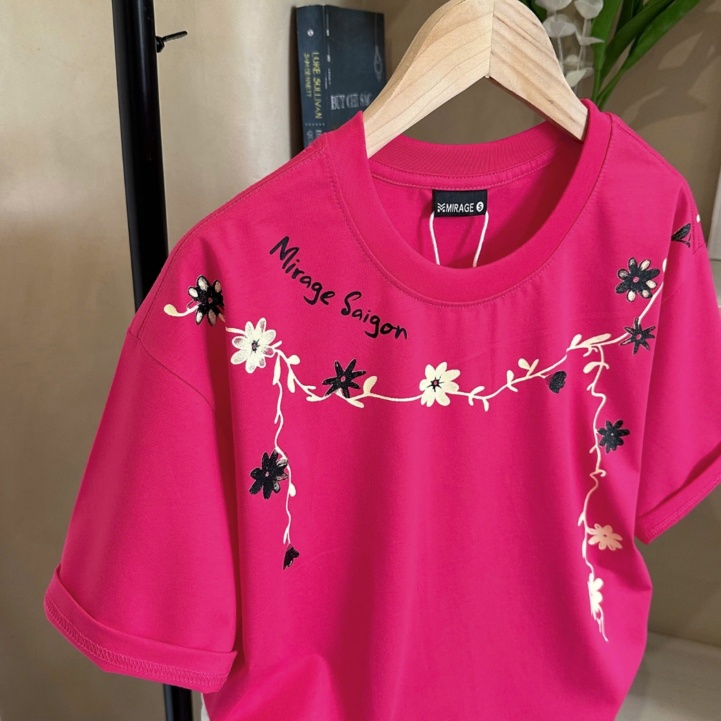 Áo Thun Phối Dây Viền Cổ Hồng Basic, Chất Cotton Thoáng Mát, Có Kèm Hình Thật.