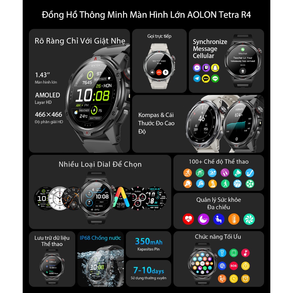 [Bán Chạy] Aolon Tetra R4 Đồng hồ thông minh xịn | GPS | AMOLED | Strava | Theo dõi sức khỏe | Chống nước 1ATM