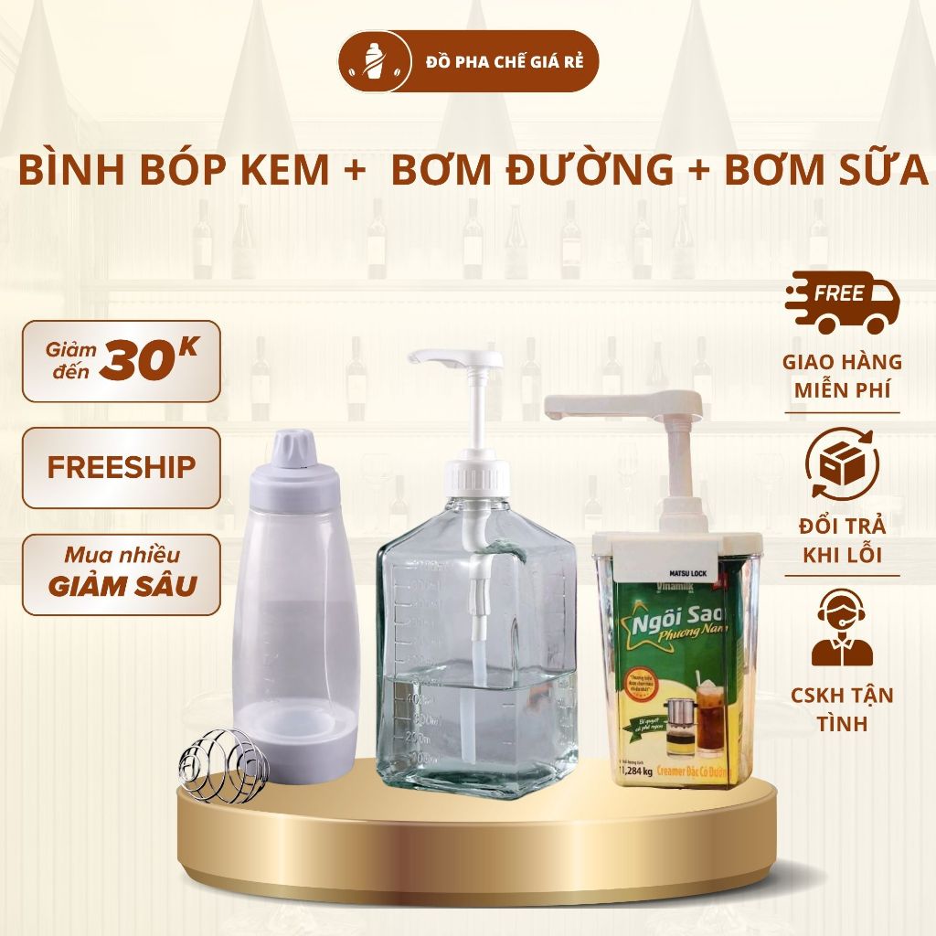 Combo 3 Món Bình Bơm Sữa Đặc Dung Tích 1.6L Vòi 10ml, Bình Nhựa Bơm Đường Vòi Pump 10ml, Bình Bóp Lò Xo Đựng Kem Muối