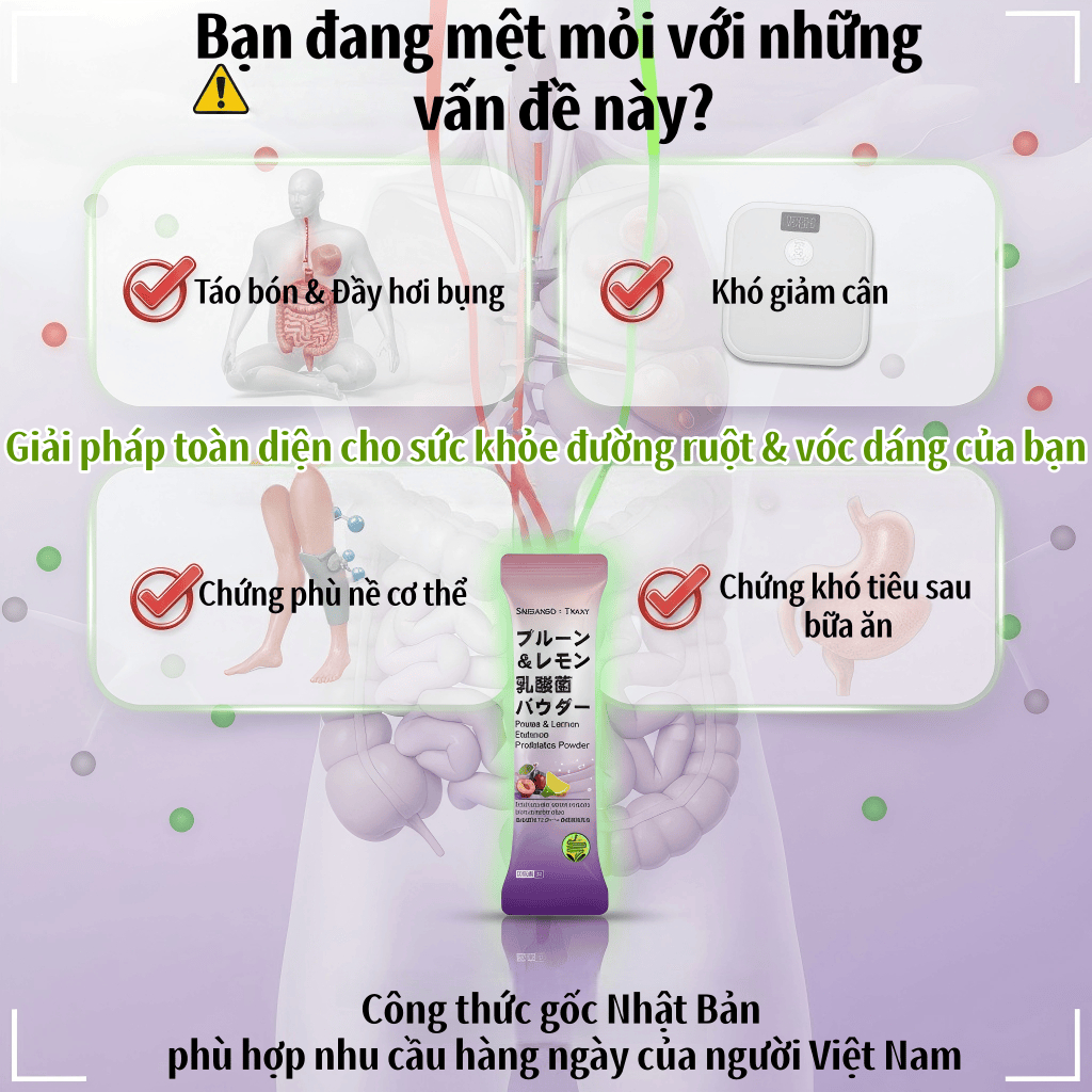 Cải Thiện Táo Bón, Giảm Đầy Hơi, Hỗ Trợ Tiêu Hóa | Bột Men Vi Sinh Mận Tây Chanh Công Thức Nhật Bản 12 Gói