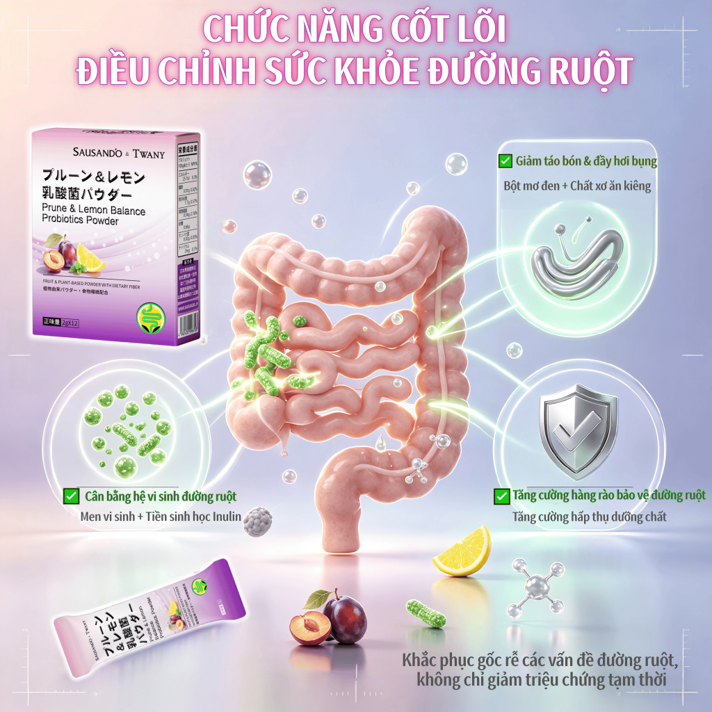 Cải Thiện Táo Bón, Giảm Đầy Hơi, Hỗ Trợ Tiêu Hóa | Bột Men Vi Sinh Mận Tây Chanh Công Thức Nhật Bản 12 Gói