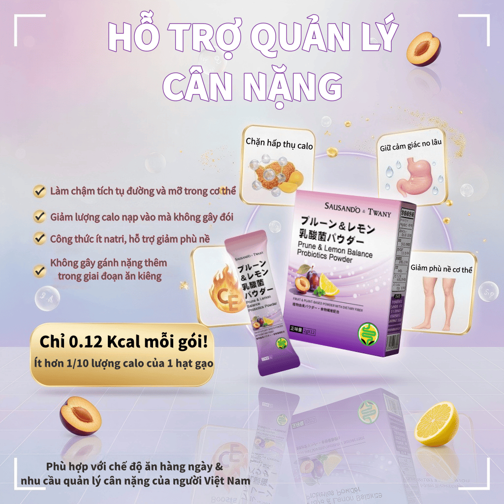 Cải Thiện Táo Bón, Giảm Đầy Hơi, Hỗ Trợ Tiêu Hóa | Bột Men Vi Sinh Mận Tây Chanh Công Thức Nhật Bản 12 Gói