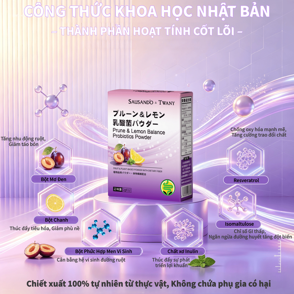 Cải Thiện Táo Bón, Giảm Đầy Hơi, Hỗ Trợ Tiêu Hóa | Bột Men Vi Sinh Mận Tây Chanh Công Thức Nhật Bản 12 Gói