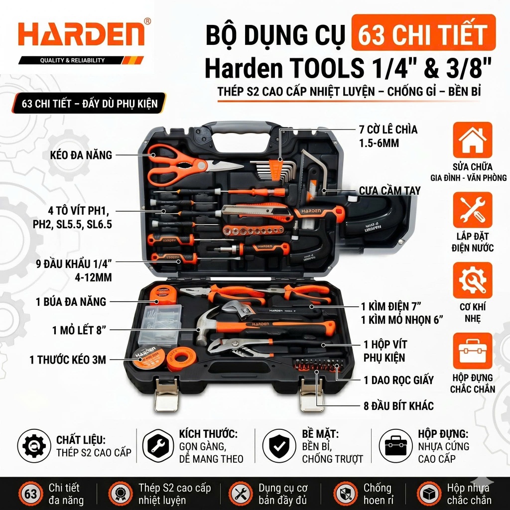 Bộ Dụng Cụ Sửa Chữa 63 Chi Tiết Harden – Bộ Tool Gia Đình Đa Năng, Kìm Búa Tô Vít Tuýp Vat +8%