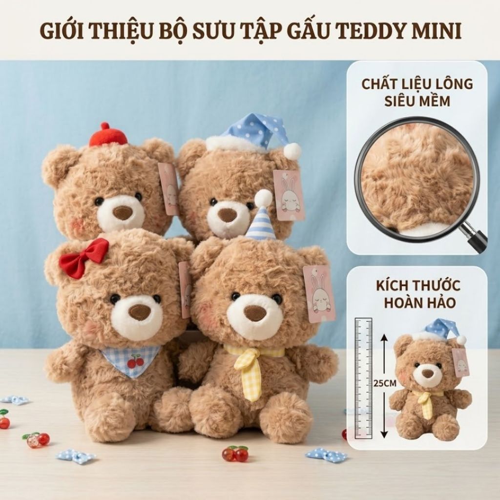 Gấu Bông Teddy Mini Lông Xù Phối Mũ Yếm Đáng Yêu Làm Quà Tặng Sinh Nhật Cho Bé,Bạn Gái