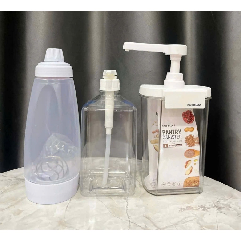 Combo 3 Món Bình Bơm Sữa Đặc Dung Tích 1.6L Vòi 10ml, Bình Nhựa Bơm Đường Vòi Pump 10ml, Bình Bóp Lò Xo Đựng Kem Muối