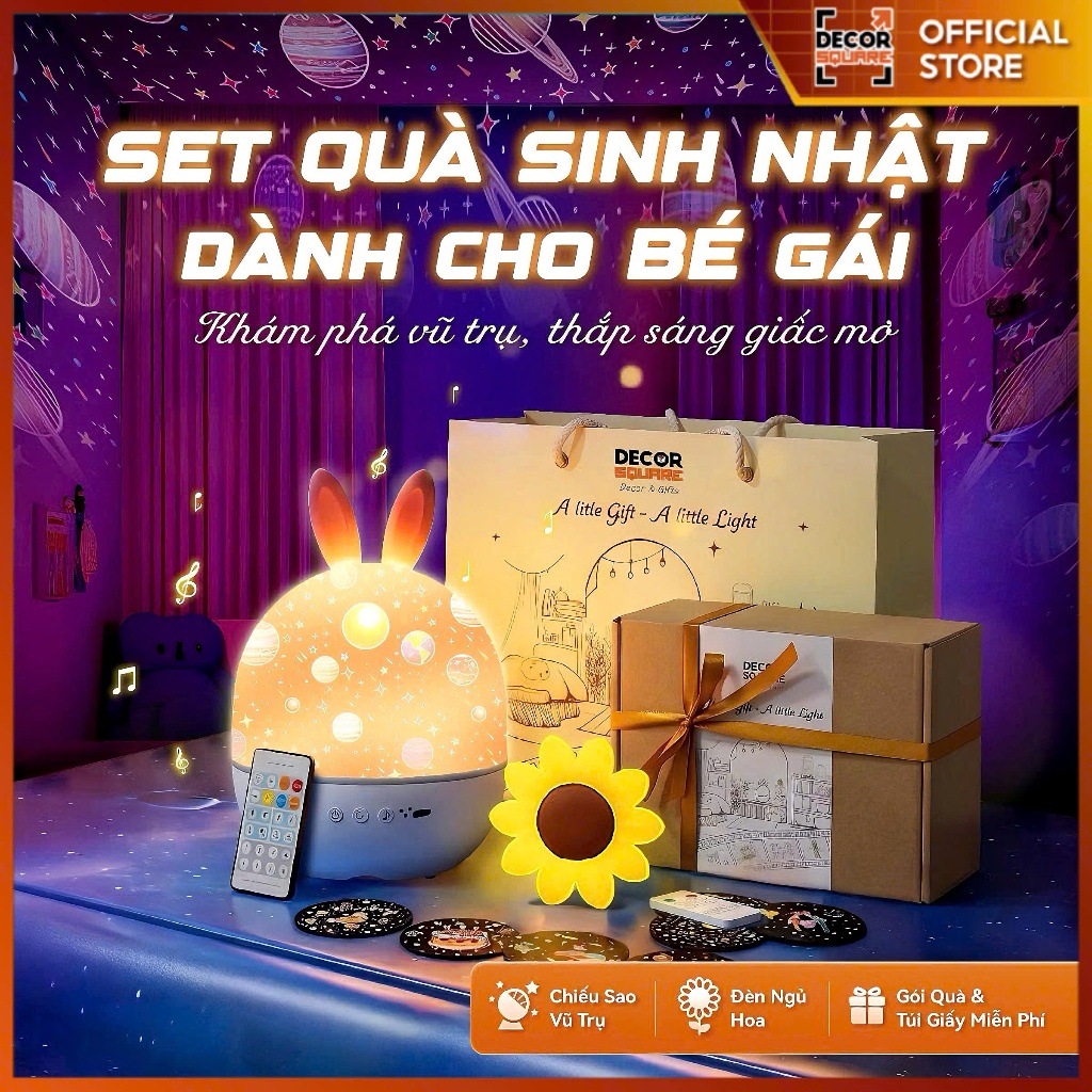 Set Combo Quà Tặng Bé Gái Decor Square: Đèn Thỏ Chiếu Sao & Đèn Ngủ Hoa (Gói Quà + Túi Giấy)