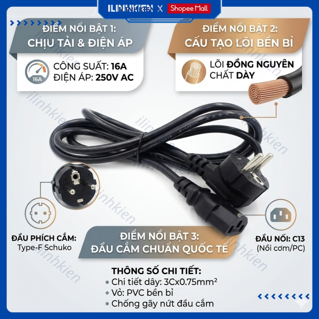 Dây nguồn nồi cơm điện dài 1,5m lõi 3x0.75mm chính hãng ilinhkien