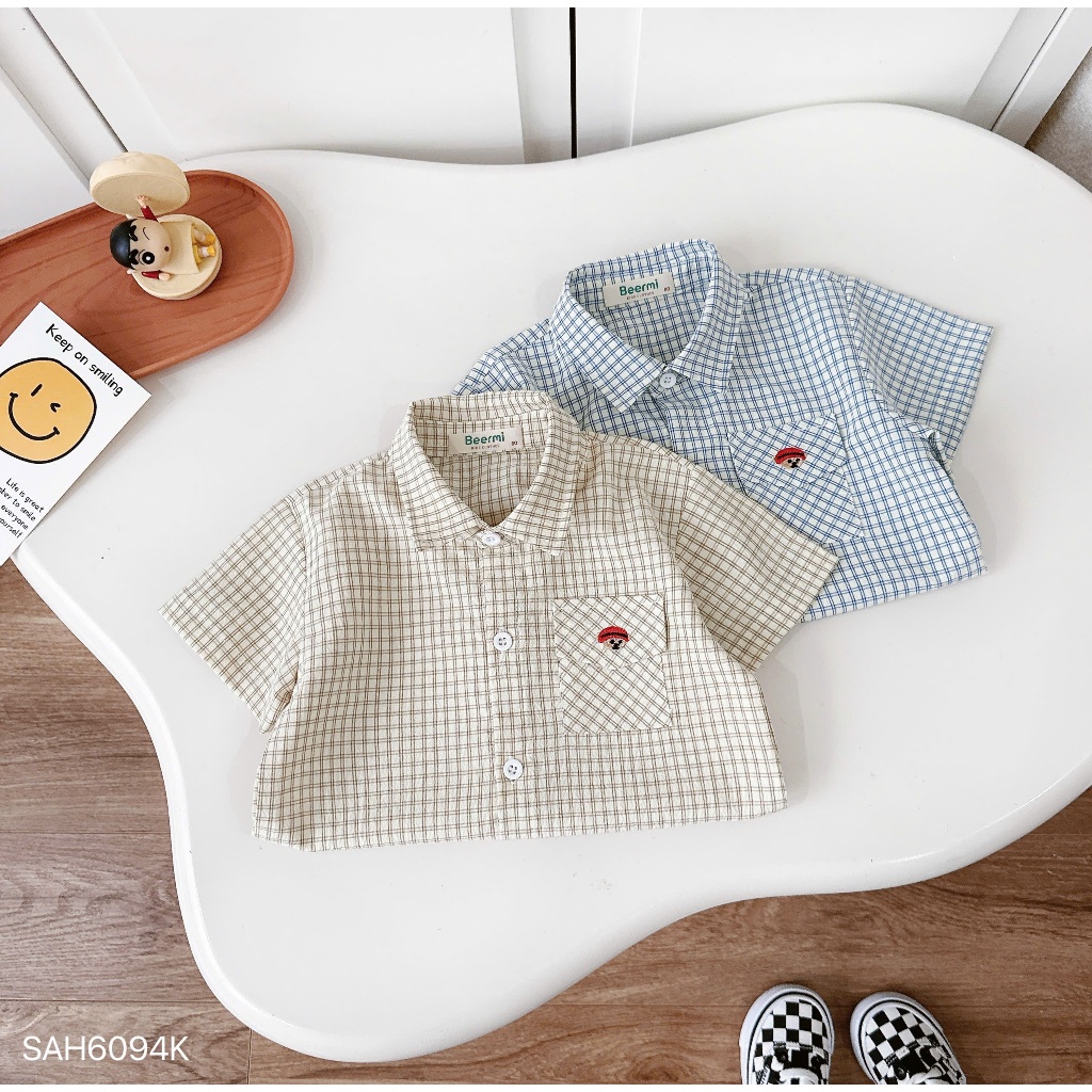 Áo sơ mi cộc tay thô kẻ thêu gấu Beermi chất liệu mềm mát thấm hút mồ hôi cho bé trai 9-27kg