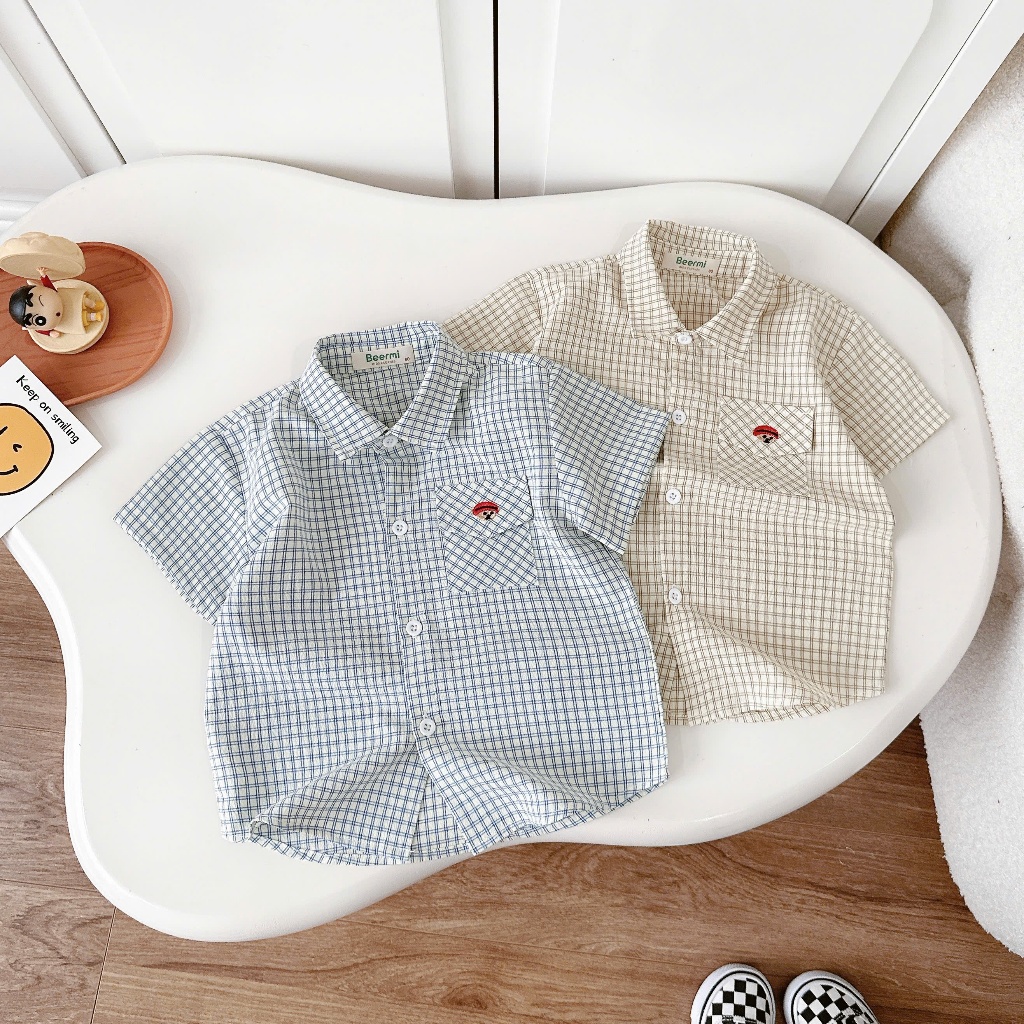 Áo sơ mi cộc tay thô kẻ thêu gấu Beermi chất liệu mềm mát thấm hút mồ hôi cho bé trai 9-27kg