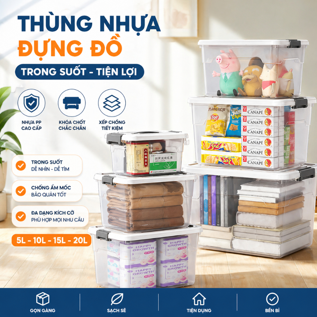 Thùng Nhựa Cỡ Lớn Đựng Đồ Đa Năng Có Nắp Đậy Kín Chống Bụi DINO, Thùng Nhựa Trong Suốt Cứng Cáp
