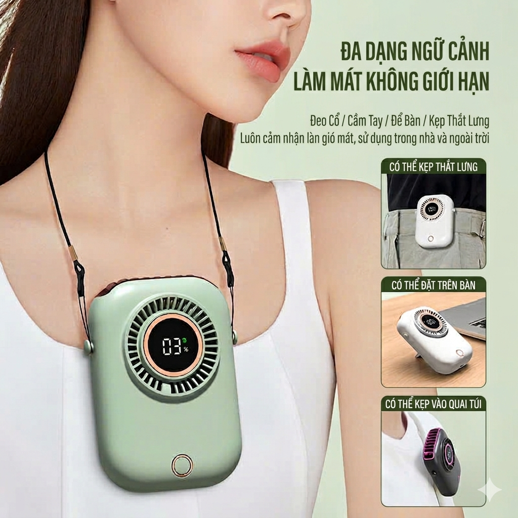 Quạt đeo cổ mini, quạt tích điện để bàn. Màn hình Led, 5 cấp độ gió thương hiệu ZHAOCAIMAO