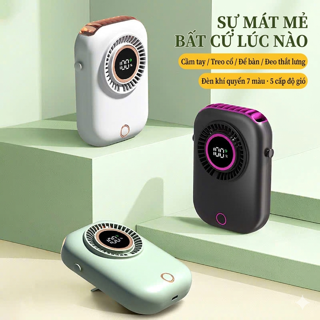 Quạt đeo cổ mini, quạt tích điện để bàn. Màn hình Led, 5 cấp độ gió thương hiệu ZHAOCAIMAO