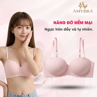 Áo ngực nữ su trơn kẻ sọc, Áo lót nữ không gọng mút bàn tay nâng ngực thoáng mát AMYBRA A5277