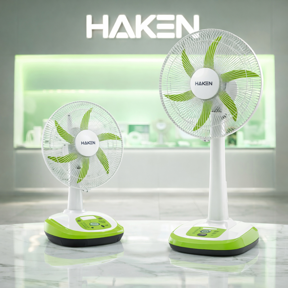 Quạt Sạc HAKEN 14-16 Inch | Dùng 40-60H | Sạc Điện + Năng Lượng Mặt Trời | Gió Mạnh Êm