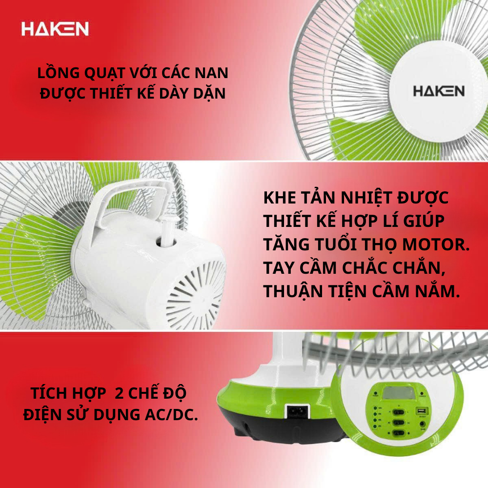 Quạt Sạc HAKEN 14-16 Inch | Dùng 40-60H | Sạc Điện + Năng Lượng Mặt Trời | Gió Mạnh Êm