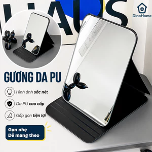 Gương để bàn bằng da PU có thể gấp gọn, gương da đen gấp để bàn văn phòng, học sinh mang du lịch