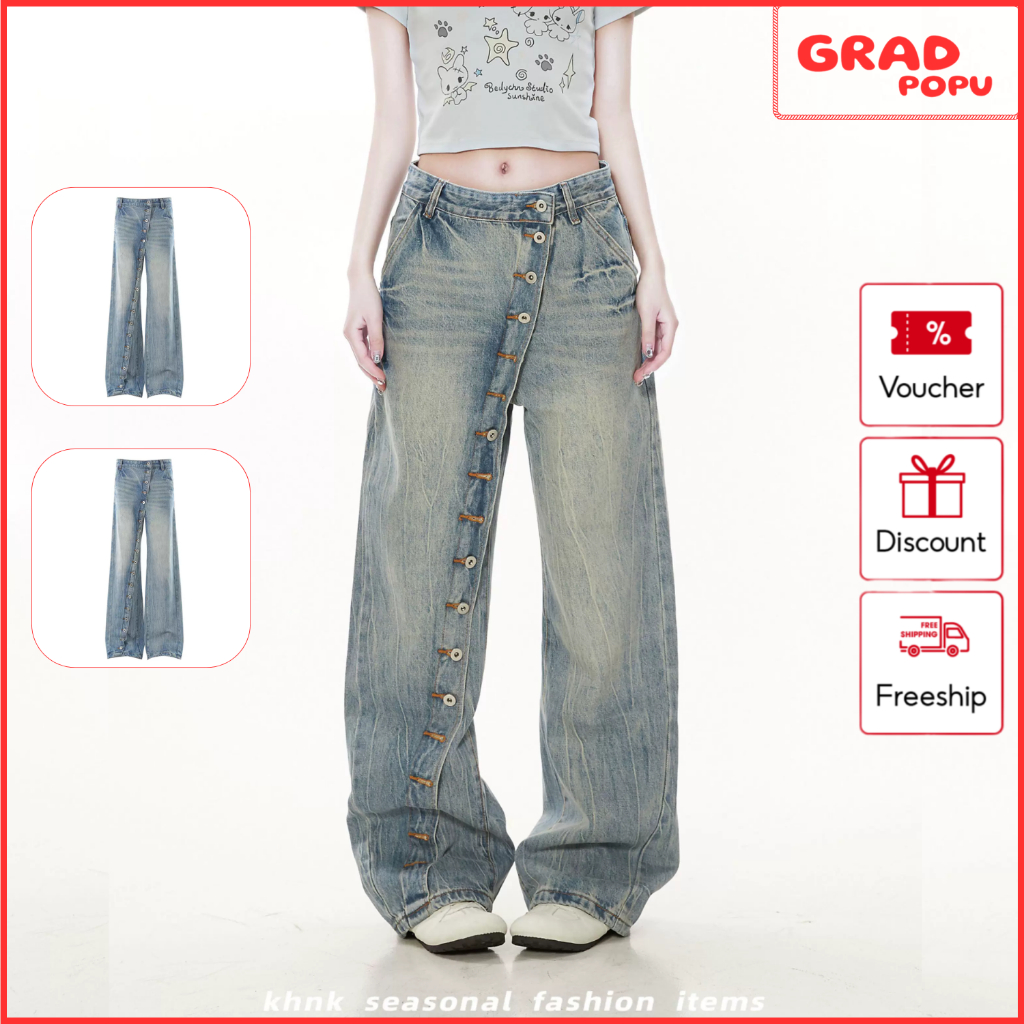 Quần jeans nữ GRADPOPU thiết kế lệch khuy độc đáo hiệu ứng wash bạc cũ dáng suông cá tính QJ09