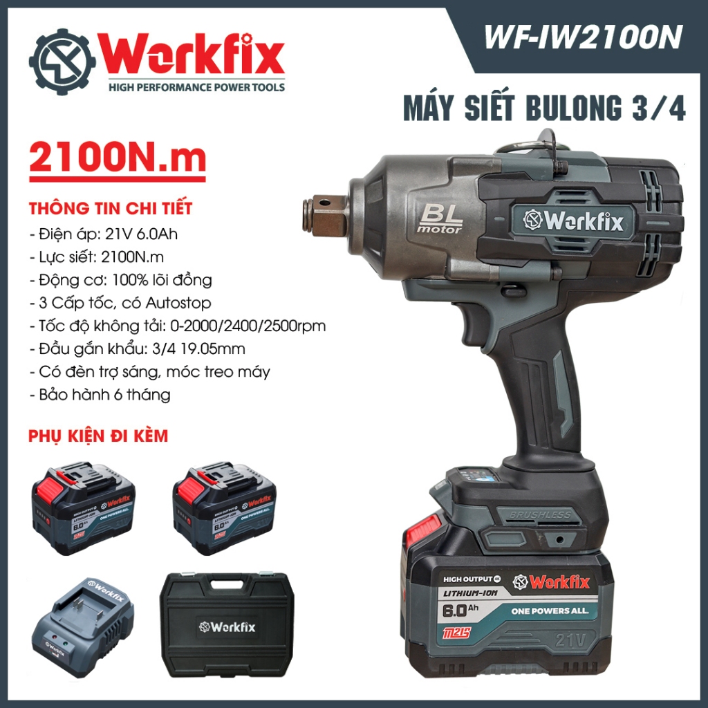 Máy Bắn Bulong WORKFIX WF-IW2100N, Không Chổi Than, Lực Siết 2100N.M Mở Vặn Ốc Xe Tải, Ô Tô, Cần Cẩu