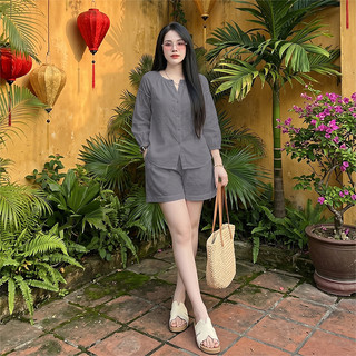 Set Bộ Cộc BC01, Bộ nữ áo tay dài, quần short cạp chun, chất liệu đũi tơ xước cao cấp, mặc mềm mát