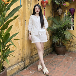 Set Bộ Cộc BC01, Bộ nữ áo tay dài, quần short cạp chun, chất liệu đũi tơ xước cao cấp, mặc mềm mát