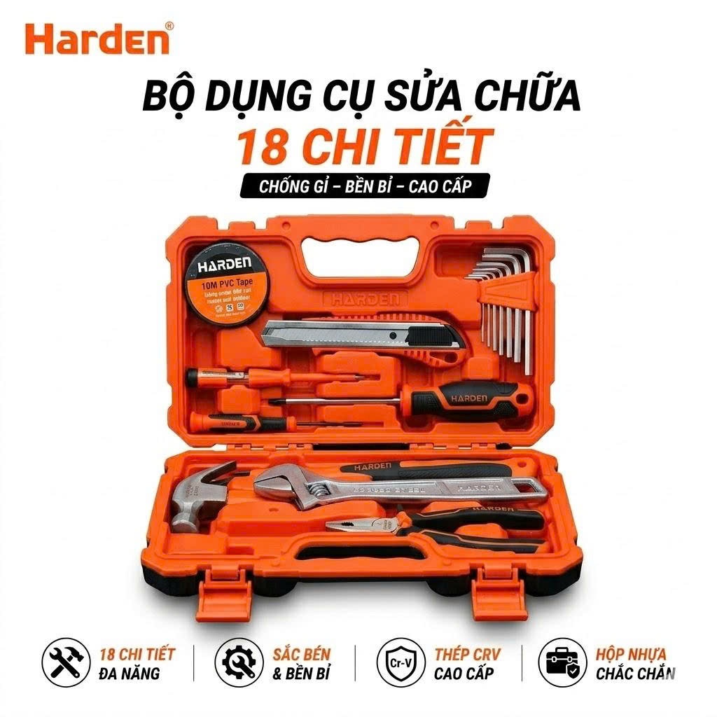 Bộ Dụng Cụ Sửa Chữa Đa Năng 18 Món Harden – Có Búa, Kìm, Tua Vít, Thước, Dao, Mỏ Lết, Lục Giác, Băng Keo