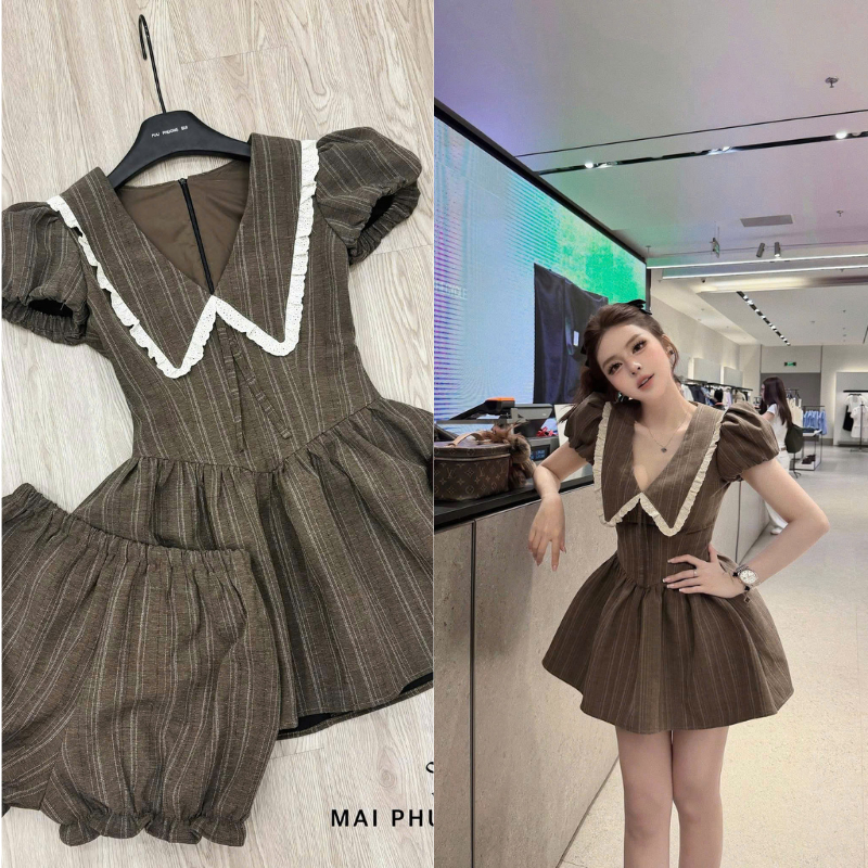 NH CLOTHER -Váy xòe kẻ sọc nâu cổ ren tay bồng và quần short bo gấu